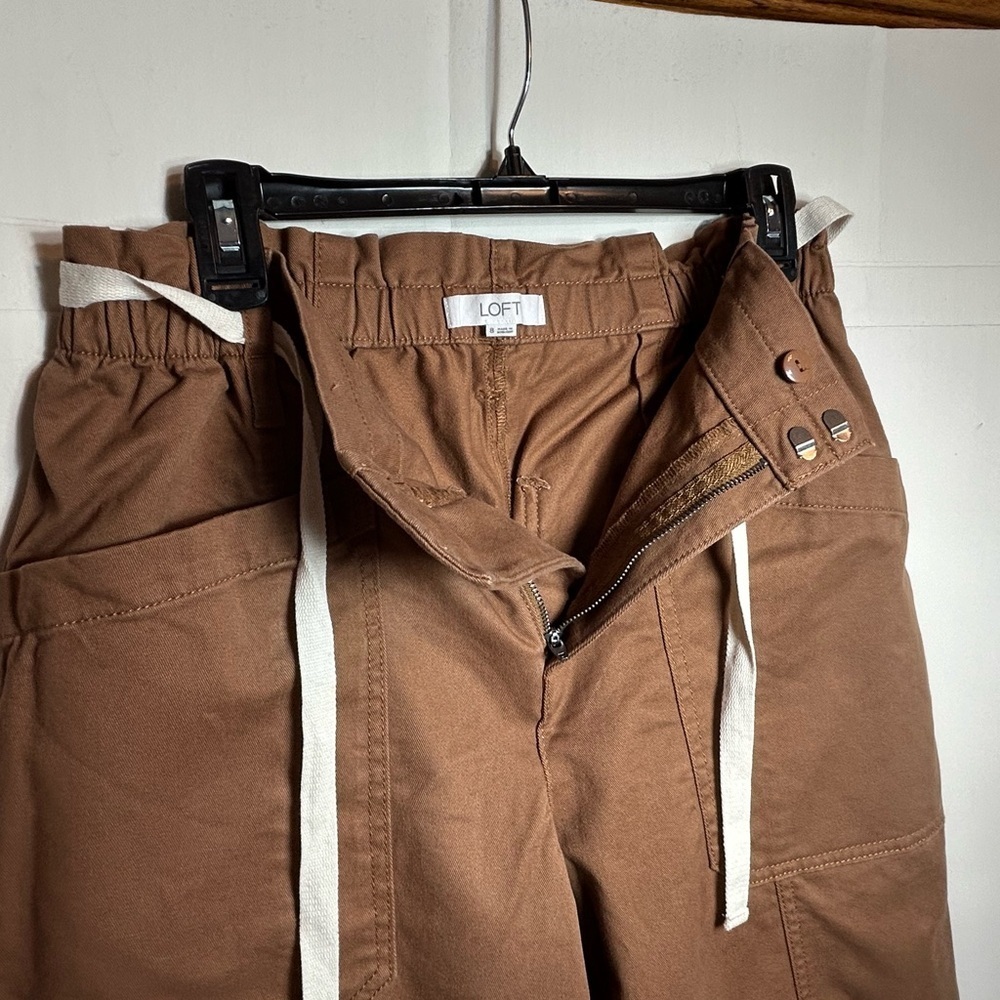 LOFT Soft Brown Straight Leg Pants with Cream Tie. Zip & Button Closure - Picture 5 of 13